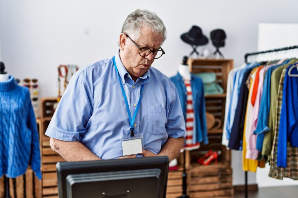 Senior worker in retail at cash register saying "uh oh" or noticing a mistake