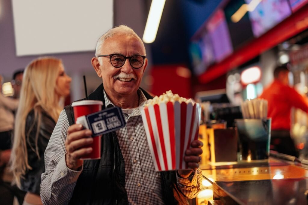 A cheerful senior man is at the movie theater, holding tickets, popcorn and soda in his hands