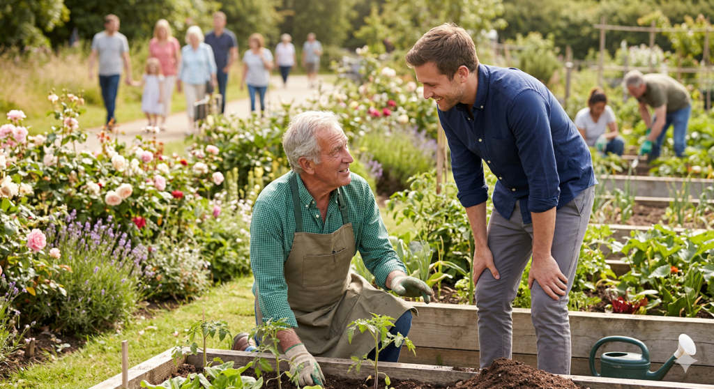 senior working talking to adult man